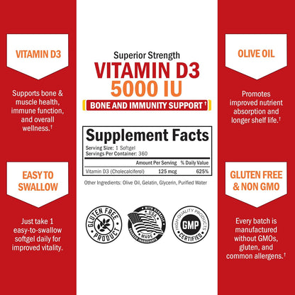 Vitamin D3 5000 IU (125 mcg) Supplement, 360 Softgels