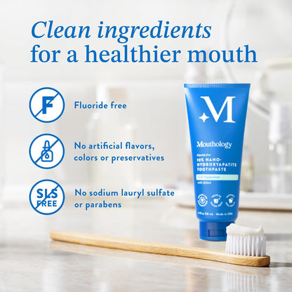 Mouthology Soft Bristle Tongue Brush and Tongue Scraper for Adults (2 Pack) and 10% Nano Hydroxyapatite Toothpaste (Fluoride Free)