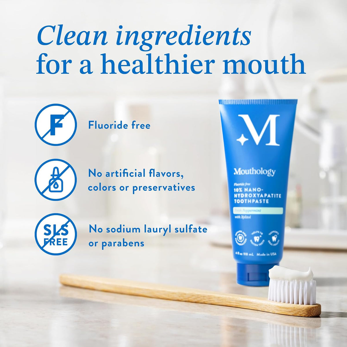 Mouthology 10% Nano Hydroxyapatite Toothpaste (Fluoride Free) and Copper Tongue Scraper for Adults (2 Pack)