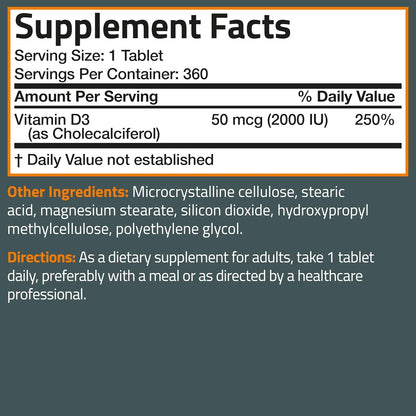 Bronson Vitamin D3 2000 IU (50mcg) Non-GMO, 360 Tablets