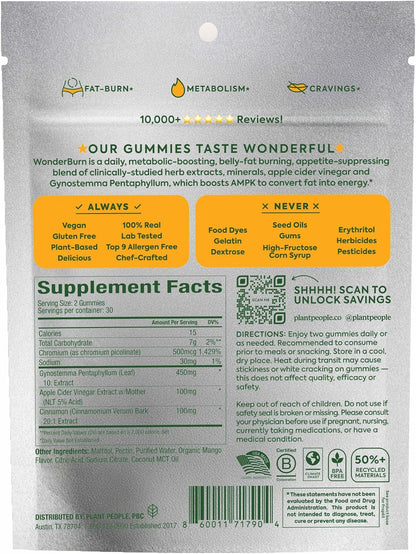 Plant People WonderBurn Metabolism Gummies, Ripe Mango Flavor (60 Count)