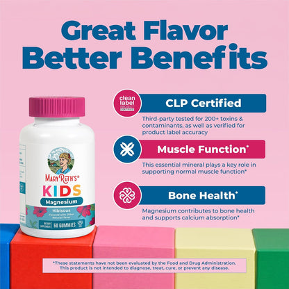 MaryRuth's Kids Magnesium Gummies | 50mg Magnesium Citrate Gummies for Kids 4+ | Bone Health | Calcium Absorption | Essential Mineral | Vegan | CLP Certified | Sugar Free | 60 Count | 2 Month Supply