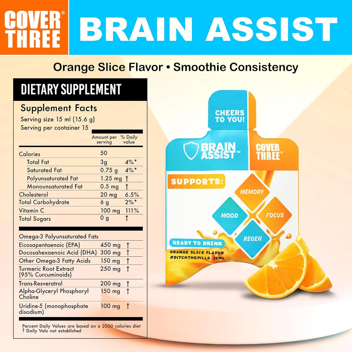 Cover Three Brain Assist Brain Supplement, Nutritional Focus Supplement with Curcumin, Uridine, Orange Slice Liquid Brain Support Formula, High Performance Memory Supplements