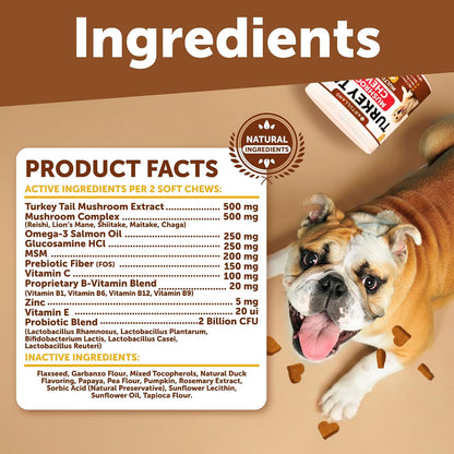 Turkey Tail for Dogs, Mushroom Supplement for Canine - 180 Soft Chews - All Dog Breeds and Ages - Multivitamins