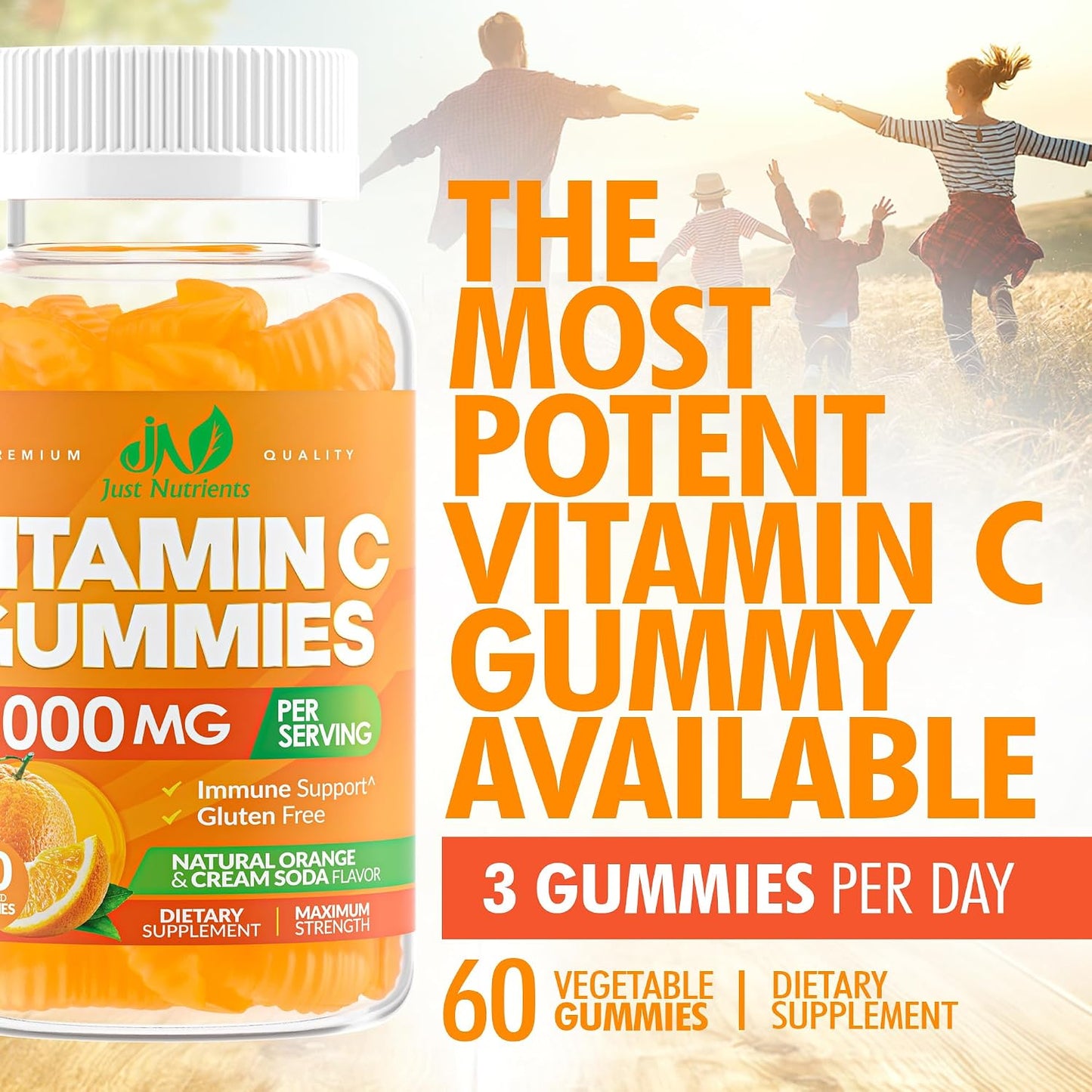 Vitamin C 1000mg Gummies – Chewable Multivitamin for Adults & Kids | Maximum Strength Immune Support with Vitamins A & E, Zinc, Magnesium & More – Natural Orange Flavor – Gluten Free, Non-GMO