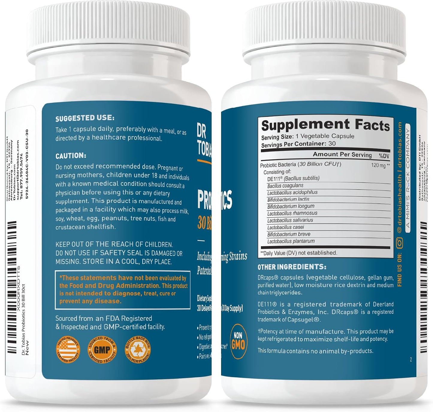 Dr. Tobias Probiotics 30 Billion CFU 30 Capsules | Gut Health Support | Daily Digestive Support | 10 Probiotic Strains | Targeted Release Probiotics for Women & Men | Shelf Stable | 30 Servings