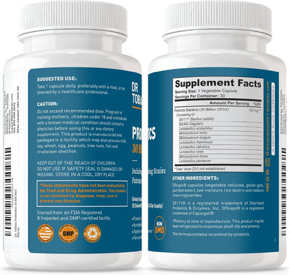 Dr. Tobias Probiotics 30 Billion CFU 30 Capsules | Gut Health Support | Daily Digestive Support | 10 Probiotic Strains | Targeted Release Probiotics for Women & Men | Shelf Stable | 30 Servings