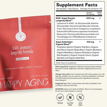 Happy Aging Essential Longevity Formula, NAD+ Super Booster with NR, NMNH & Liposomal β-NAD+, Organic Antioxidant Superfruit Blend for Cellular Energy, Skin Hydration & Daily Vitality, 30 Capsules