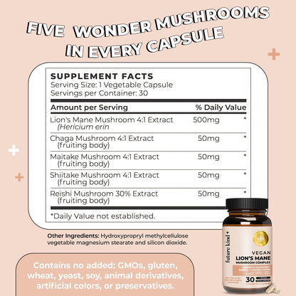 Future Kind Vegan Lion’s Mane Mushroom Complex - Brain Supplement with Chaga, Maitake, Shiitake, & Reishi, Supports Memory and Focus (30ct)