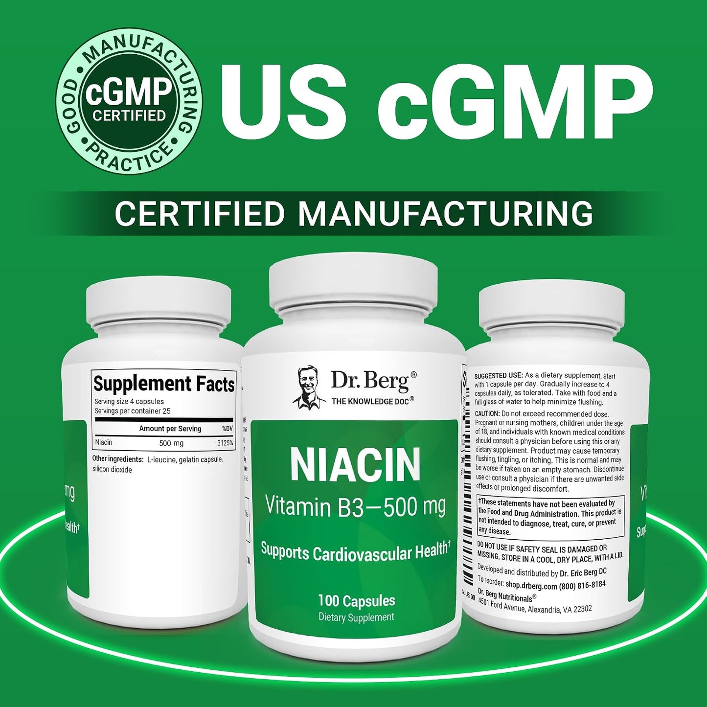 Dr. Berg Highly-Potent Niacin 500 mg – Now Only 125 mg per Capsule for Niacin Flush Tolerance Building – Gradually Increase to 500mg a Day – Vitamin B3 for Heart, Brain & Energy Support – 100 Capsules