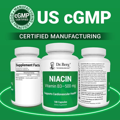 Dr. Berg Highly-Potent Niacin 500 mg – Now Only 125 mg per Capsule for Niacin Flush Tolerance Building – Gradually Increase to 500mg a Day – Vitamin B3 for Heart, Brain & Energy Support – 100 Capsules