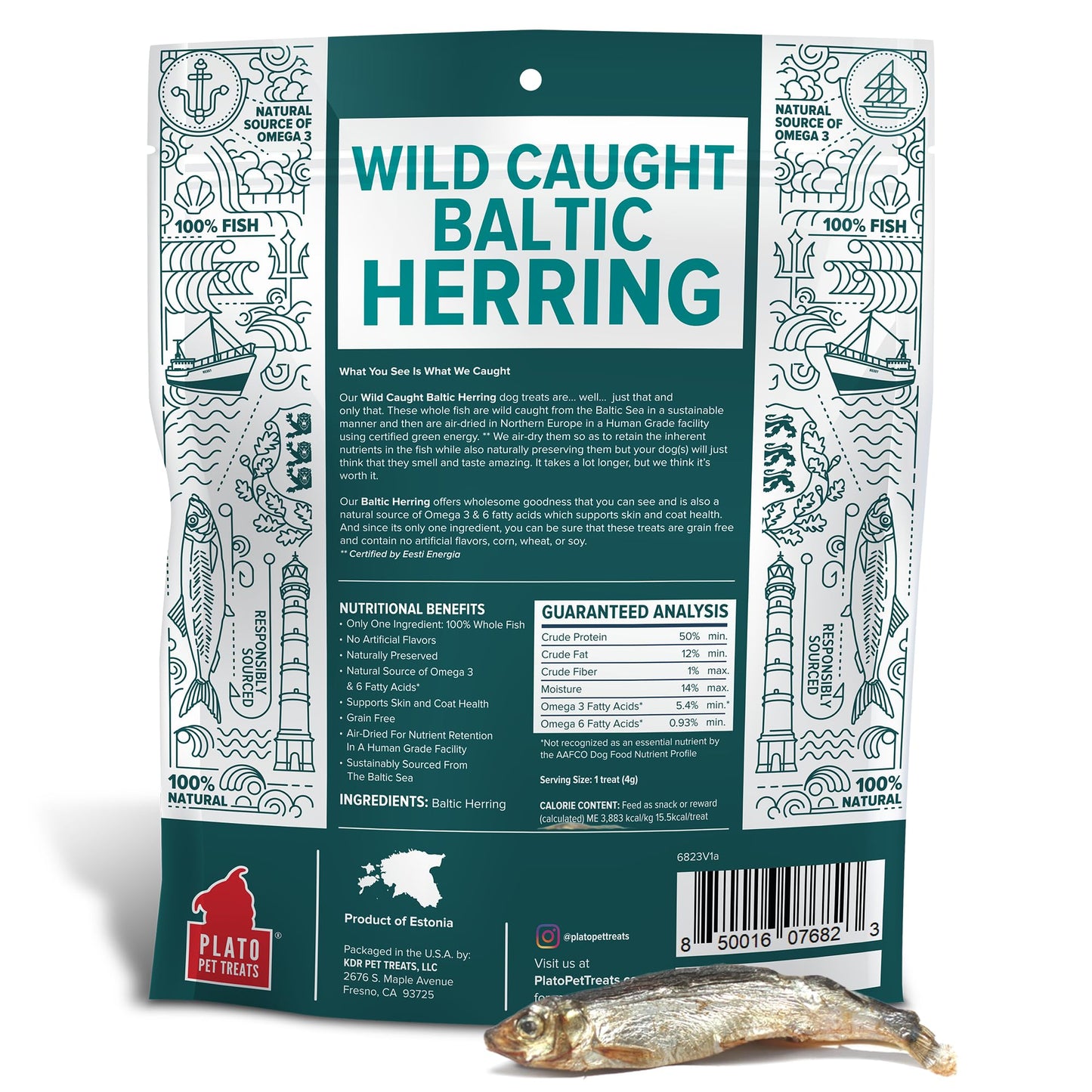 Plato Single Ingredient Wild-Caught Baltic Herring Dog Treats, Air-Dried Whole Fish, Omega-Rich Skin & Coat Support, 8.5 oz