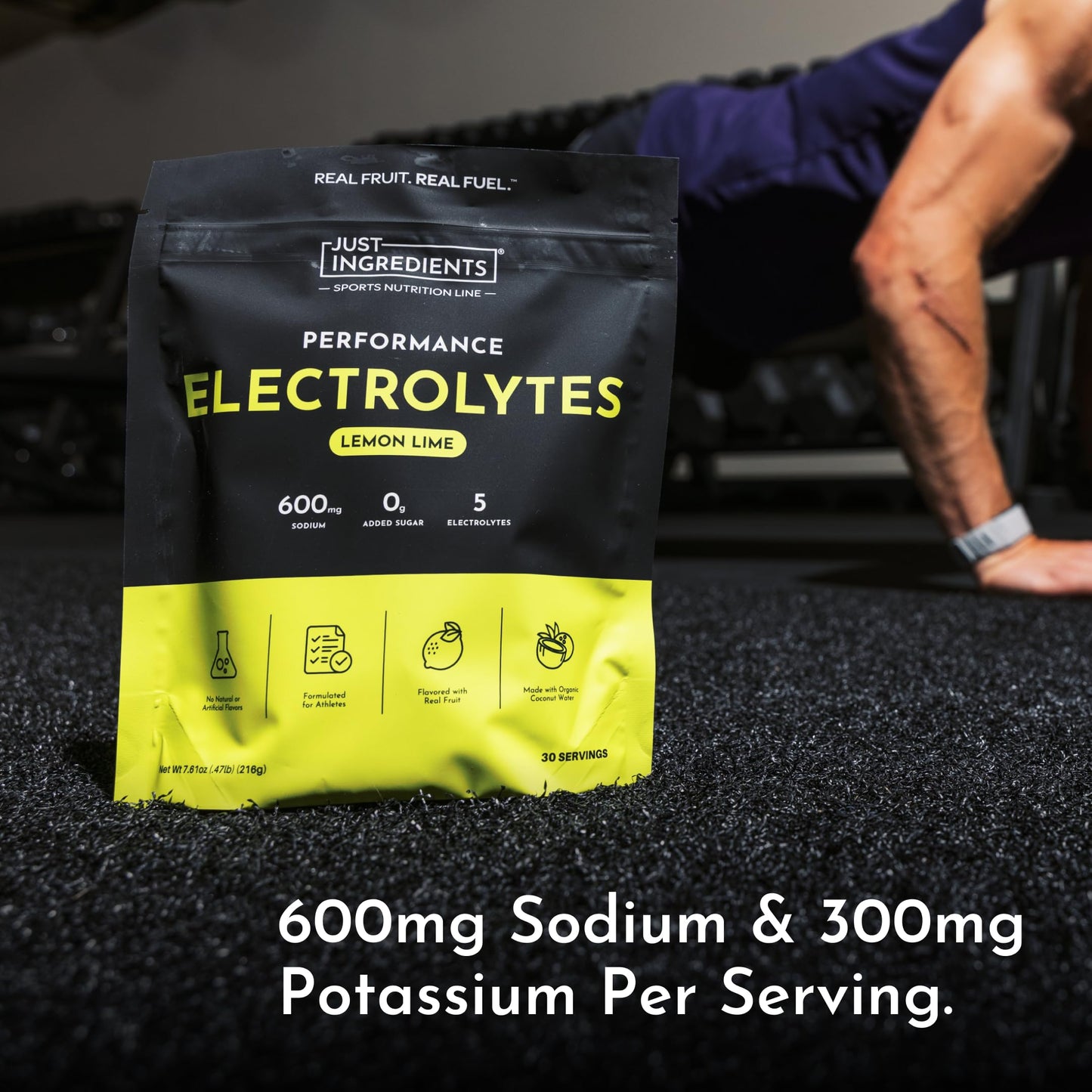 JUST INGREDIENTS Performance Electrolytes Powder Lemon Lime, 600mg Sodium with Organic Coconut Water, 30 Servings, Naturally Sweetened with Monk Fruit and Stevia, Flavored with Real Fruit, Non-GMO