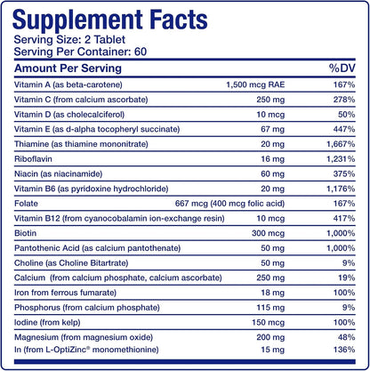 30-in-1 Adult Multivitamin with Iron - Antioxidant Rich Over 50 Multivitamin for Women and Men with Vitamins A C D E B Complex Zinc Magnesium Myo Inositol Citrus Bioflavonoids & More - 2 Month Supply