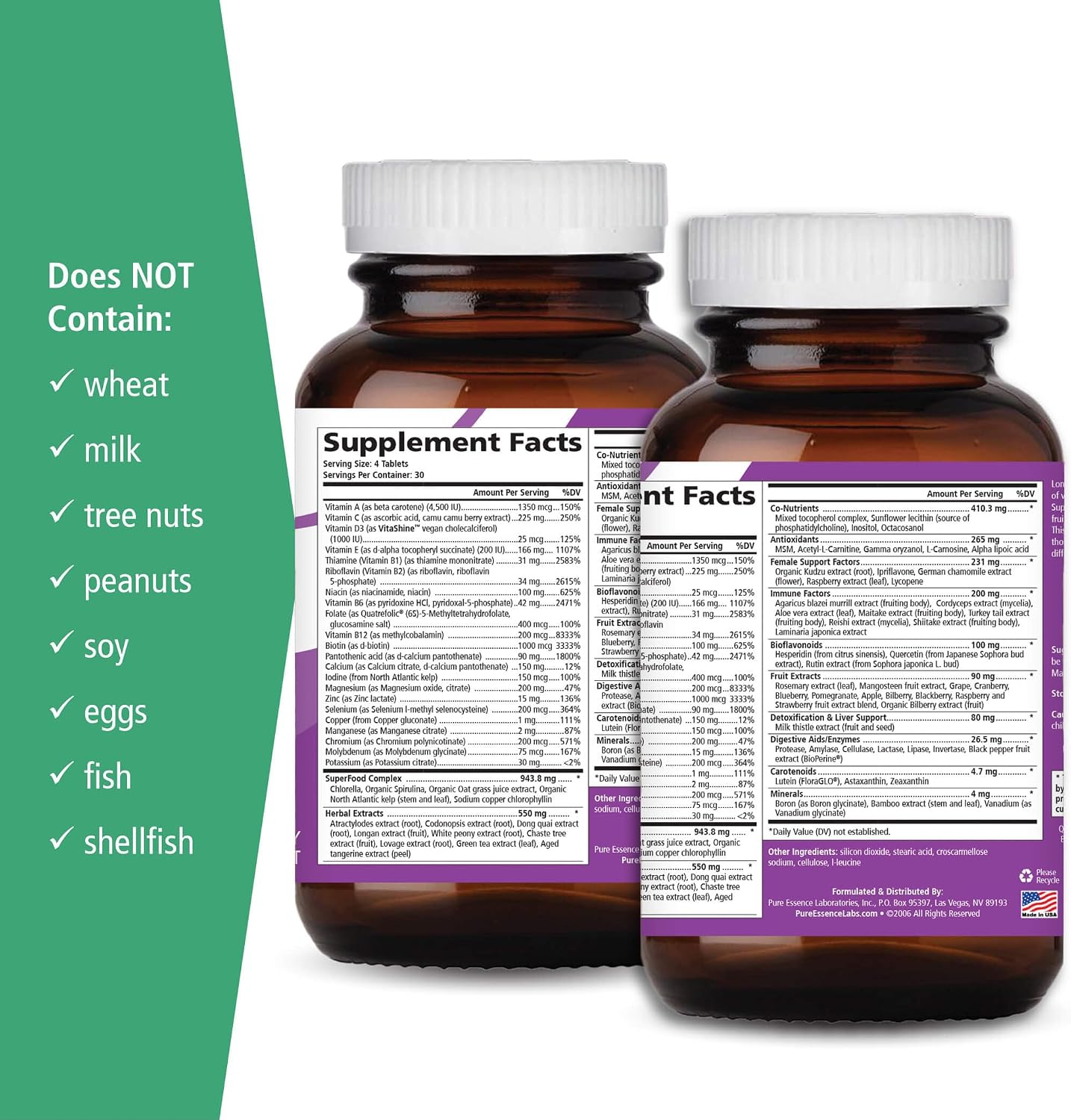 Pure Essence Longevity for Women Over 40 Multivitamin - Vitamins with Superfoods, Whole Foods, Minerals, Antioxidants and Immune Support - 90 Tablets