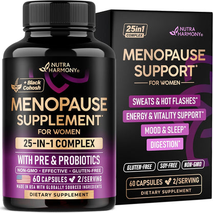 Menopause Supplements for Women - Dong Quai, Black Cohosh, Pre & Probiotics - Sweats & Hot Flashes Relief - Digestion, Sleep & Mood Support - 25-in-1 Perimenopause Complex - Lab Tested - 60 Capsules