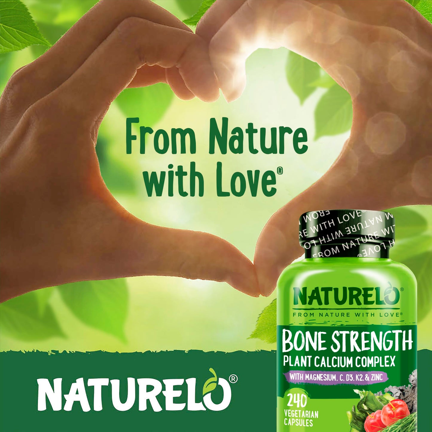NATURELO Calcium Supplement - with Vitamin C, Vitamin D3, K2, and Calcium Magnesium Zinc for Bone Strength with Calcium 600mg - Plant-Based, 120 Vegetarian Capsules, Non-GMO, Soy & Gluten-Free