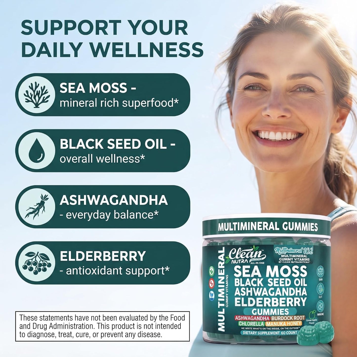 Sea Moss Gummies | Clinically Tested - Black Seed Oil Ashwagandha Elderberry Burdock Root Chlorella Manuka Honey - Vegan Irish Sea Moss Gummy Vitamins for Adults Kids Men Women - Green Apple Flavor