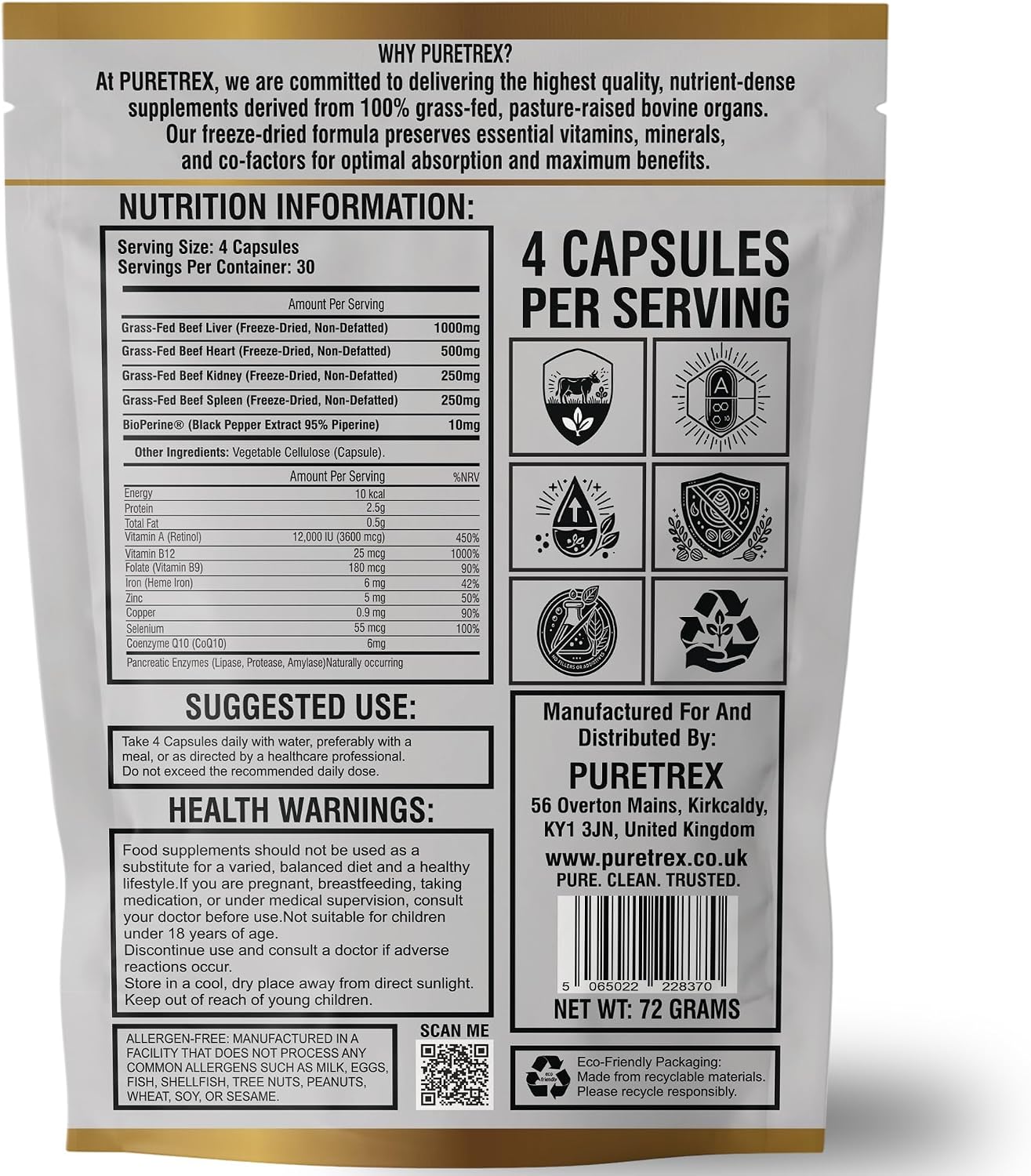Grass-Fed Beef Organs Complex, Freeze-Dried Liver Heart Kidney Spleen Capsules with BioPerine, Beef Organ Supplement for Women and Men, 100% Pasture-Raised, GMO Free, 120 Count