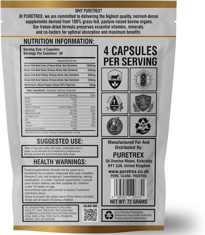 Grass-Fed Beef Organs Complex, Freeze-Dried Liver Heart Kidney Spleen Capsules with BioPerine, Beef Organ Supplement for Women and Men, 100% Pasture-Raised, GMO Free, 120 Count