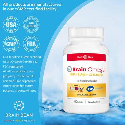 Brain Omega with Lutein and Zeaxanthin – Omega 3 Supplement for Brain, Heart & Eye Health – 460 mg DHA, 90 mg EPA, Lutein and Zeaxanthin Supplements – 180 Softgels (90 Servings)