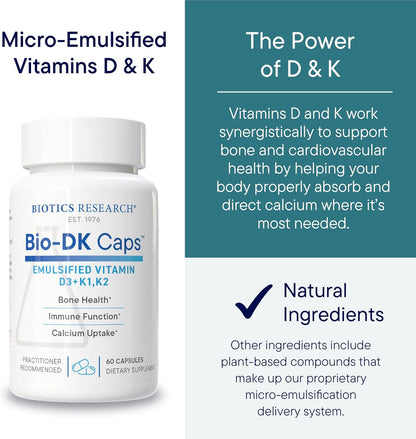 BIOTICS RESEARCH Bio-DK Caps™–Emulsified Vitamin D and K, Vitamin D3 125 mcg & Vitamin K (k1,k2) 550 mcg- MK7– Vitamin D3 K2 K1, Stronger Bones, Musculoskeletal Strength, Healthy Heart & BMI 60 Caps