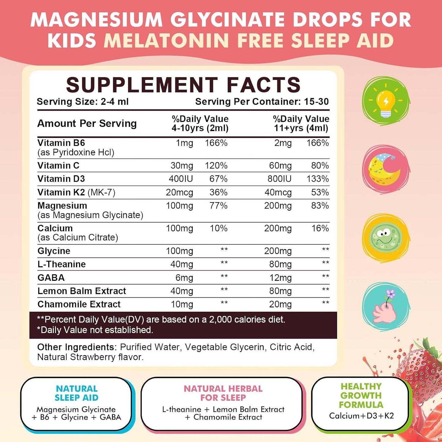 Magnesium Glycinate Liquid Drops for Kids 4+, Magnesium Glycinate 100/200 mg for Sleep, Relaxation & Calm Support, 11 in 1 Natural Gentle Sleep Aid for Kids, Sugar Free Strawberry Flavor, 2 Fl Oz