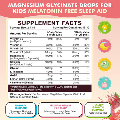 Magnesium Glycinate Liquid Drops for Kids 4+, Magnesium Glycinate 100/200 mg for Sleep, Relaxation & Calm Support, 11 in 1 Natural Gentle Sleep Aid for Kids, Sugar Free Strawberry Flavor, 2 Fl Oz