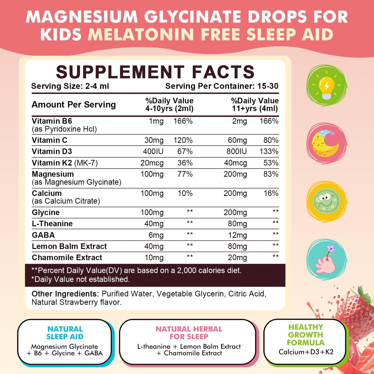 Magnesium Glycinate Liquid Drops for Kids 4+, Magnesium Glycinate 100/200 mg for Sleep, Relaxation & Calm Support, 11 in 1 Natural Gentle Sleep Aid for Kids, Sugar Free Strawberry Flavor, 2 Fl Oz