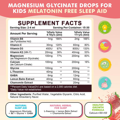 Magnesium Glycinate Liquid Drops for Kids 4+, Magnesium Glycinate 100/200 mg for Sleep, Relaxation & Calm Support, 11 in 1 Natural Gentle Sleep Aid for Kids, Sugar Free Strawberry Flavor, 2 Fl Oz