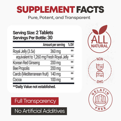 Bee and You Royal Jelly Tablet, Propolis Extract, Bee Pollen, 100% Natural Superfood, Ultra Pure, Immune Support Supplement, Improve Energy, Focus, Antioxidants, Fresh, Keto, Paleo, Gluten-Free | 60ct