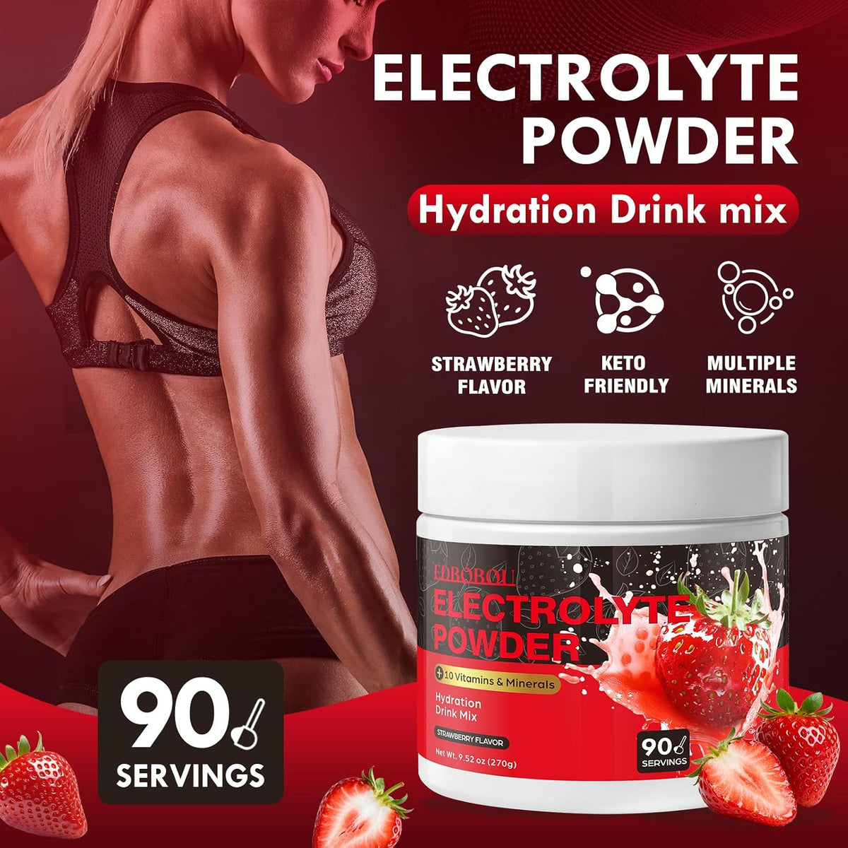 Strawberry Sugar-Free Electrolyte Powder | Zero Sugar, Fast Hydration Supplement for Athletes & Daily Wellness 90 Servings
