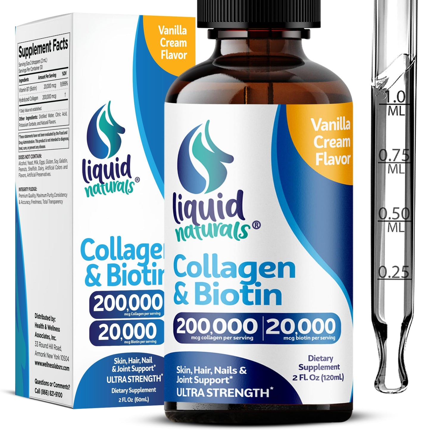Liquid Collagen and Biotin, 2 Fl. Oz, Ultra-Strength Collagen Peptides for Women, Third-Party Tested Biotin for Hair Growth Women, Nails, and Skin Vitamins B7 Collageno Peptides – Vanilla Flavor