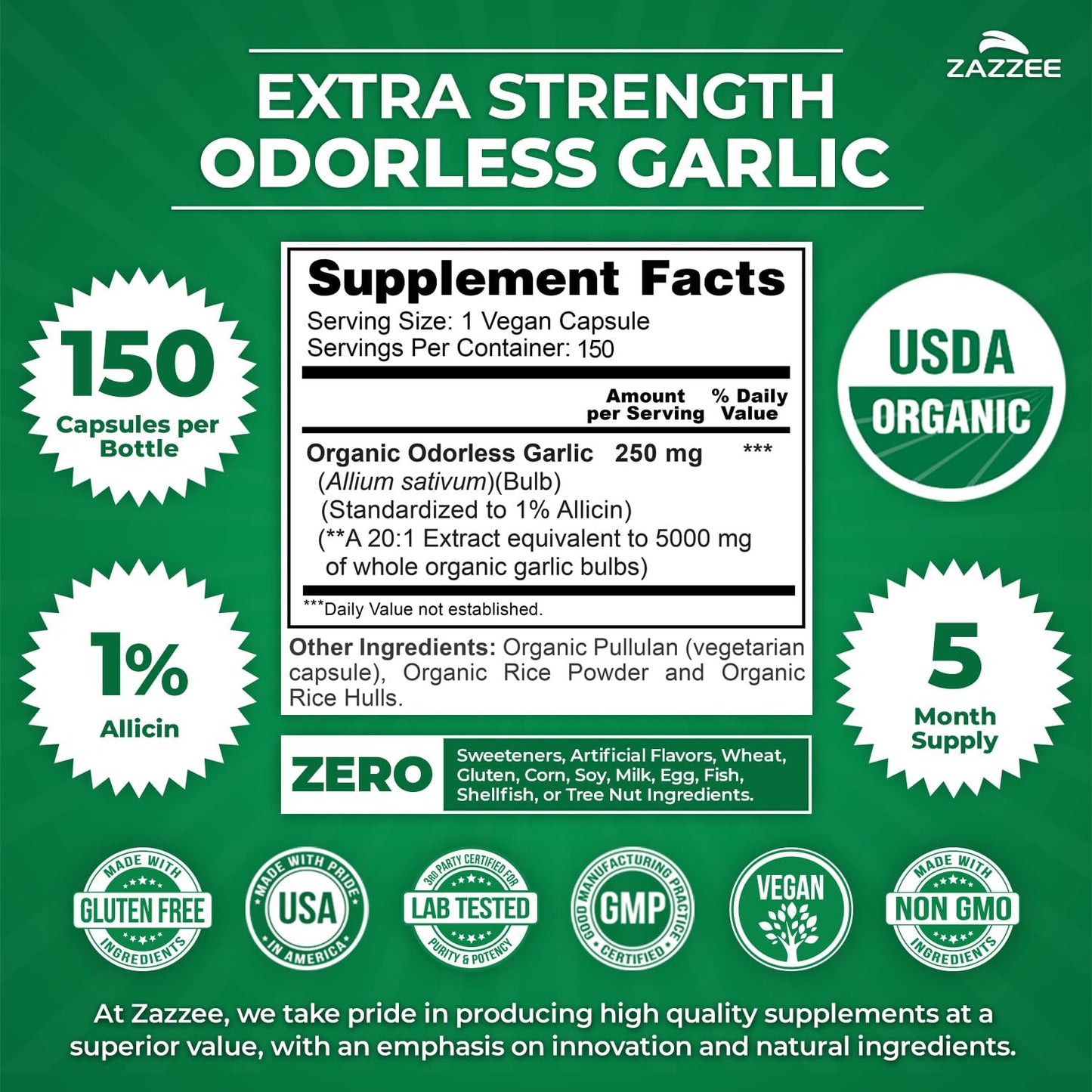 Zazzee USDA Organic Odorless Garlic 20:1 Extract, 1% Allicin, 100 Vegan Capsules, 3+ Month Supply, Allium Sativum, Immune, Circulation & Heart Health Support, All-Natural, Non-GMO, Made in the USA