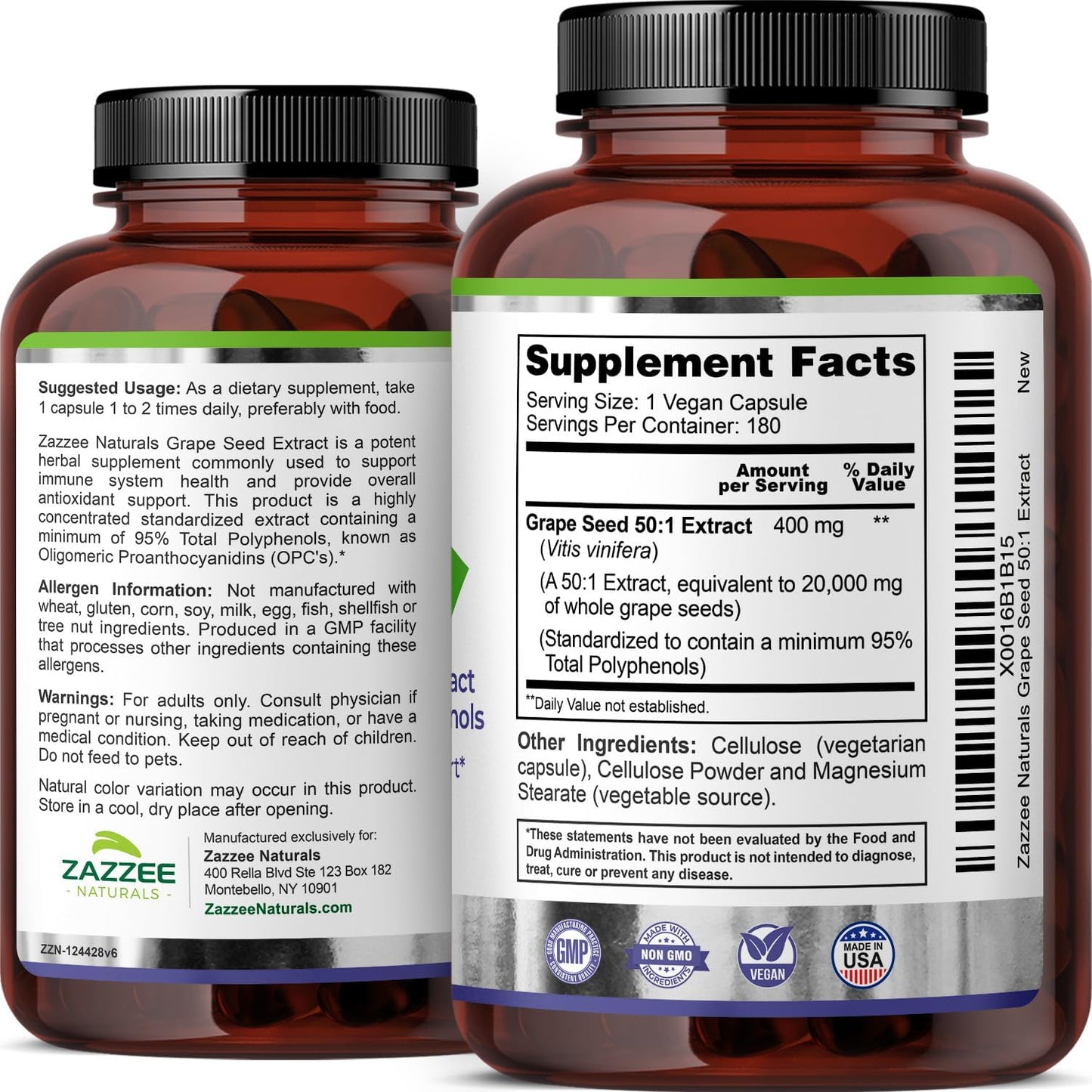 Zazzee High Strength Grape Seed 50:1 Extract, 180 Vegan Capsules, 95% Polyphenols, 400 mg per Capsule, 6 Month Supply, Antioxidant, Circulation & Blood Flow Support, Non-GMO, Made in the USA