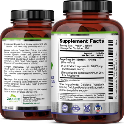 Zazzee High Strength Grape Seed 50:1 Extract, 180 Vegan Capsules, 95% Polyphenols, 400 mg per Capsule, 6 Month Supply, Antioxidant, Circulation & Blood Flow Support, Non-GMO, Made in the USA