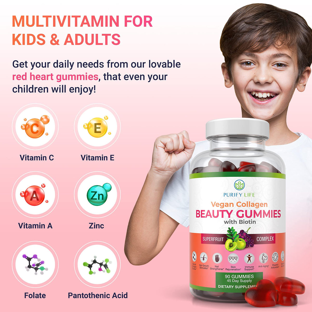 Purify Life Vegan Collagen Gummies with Biotin Vitamins for Hair Skin and Nails Health,