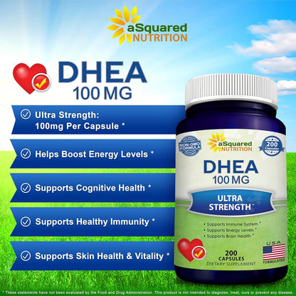 DHEA 100mg Supplement – 200 Capsules – High Potency Dehydroepiandrosterone for Men and Women – Max Strength Pills for Brain Health, Energy, and Immune Function – Formulated in USA, Third-Party Tested