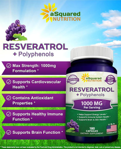 aSquared Nutrition Natural Resveratrol with Red Wine Extract - 180 Capsules - Trans Resveratrol Antioxidant Supplement Pills for Pure Heart Health - Extra Strength Trans-Resveratrol