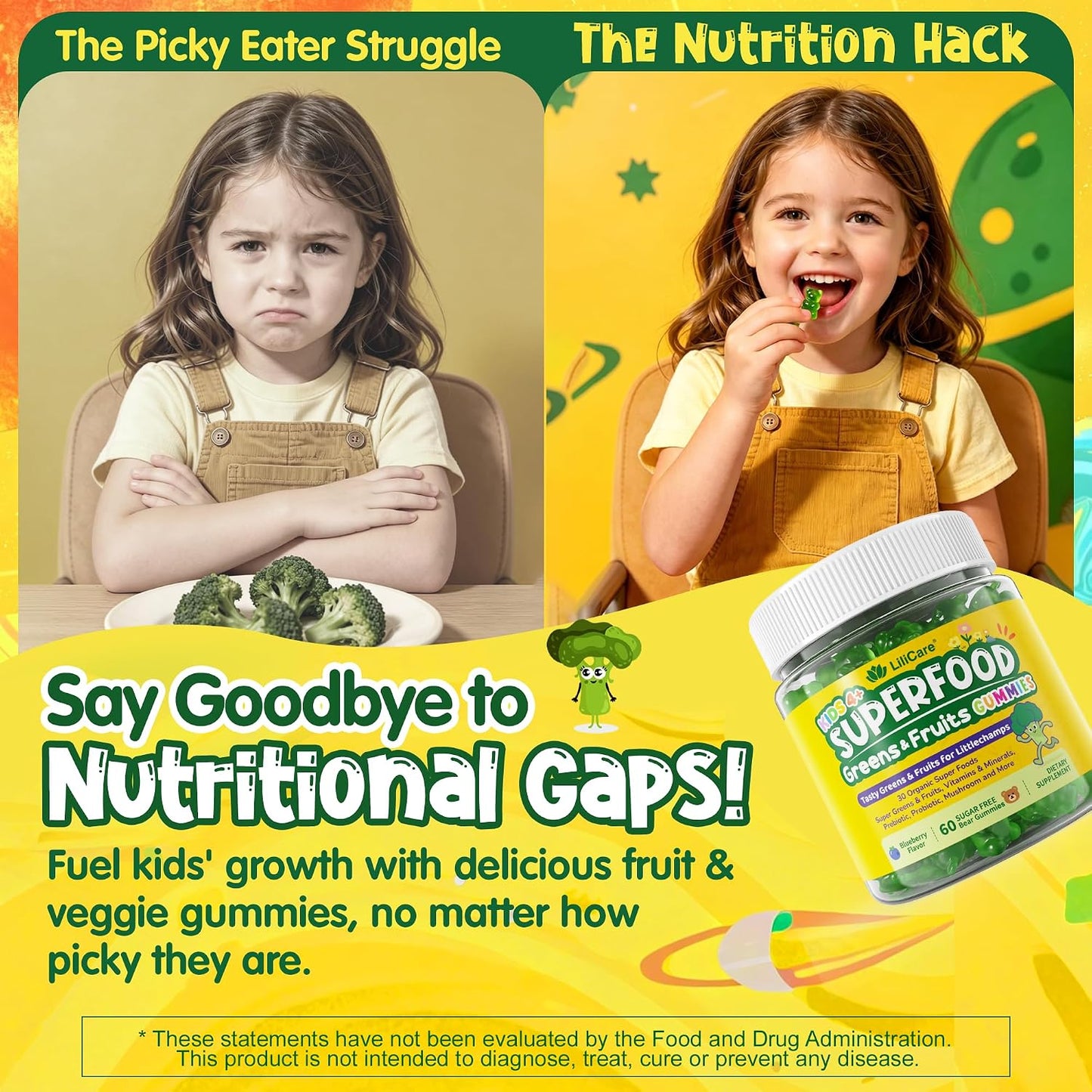 Kids Super Greens Gummies, Superfood Multivitamin for Kids, 30 Veggie, Fruit, Vitamin, Mineral, Probiotic, Kids Vitamin Gummies for Growth, Immunity, Digestion, Picky Eater Approved, Sugar Free 2Pack