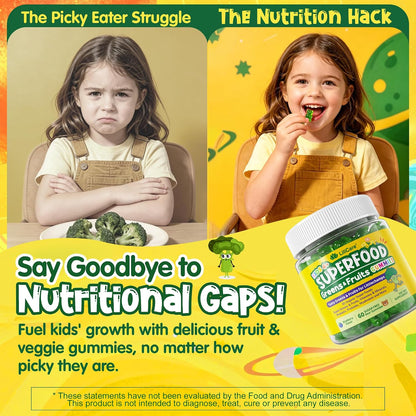 Kids Super Greens Gummies, Superfood Multivitamin for Kids, 30 Veggie, Fruit, Vitamin, Mineral, Probiotic, Kids Vitamin Gummies for Growth, Immunity, Digestion, Picky Eater Approved, Sugar Free 2Pack