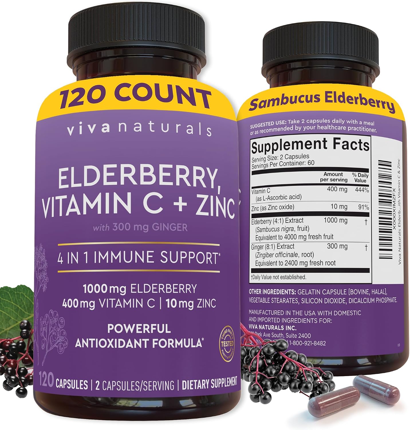 Viva Naturals Elderberry with Vitamin C and Zinc, 120 Capsules - 1000mg Sambucus Elderberry per Serving Immune Support Supplement, Black Elderberry Capsules for Adults, Elderberry Vitamins