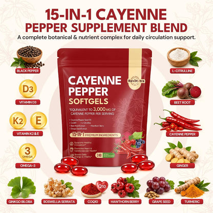 Cayenne Pepper Softgels, 15-in-1 Cayenne Pepper Capsules with Vitamin D3 + K2, L-Citrulline, Beet Root, CoQ10, Capsaicin supplements for Healthy Circulation, Energy, Heart Vessel Support, 240ct