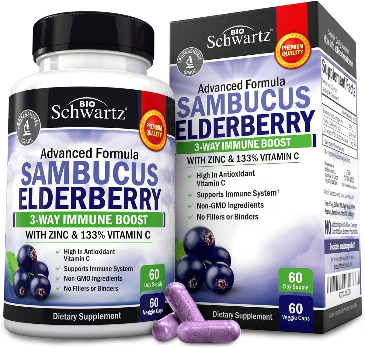 Elderberry Capsules with Zinc and Vitamin C for Adults, 60 Count