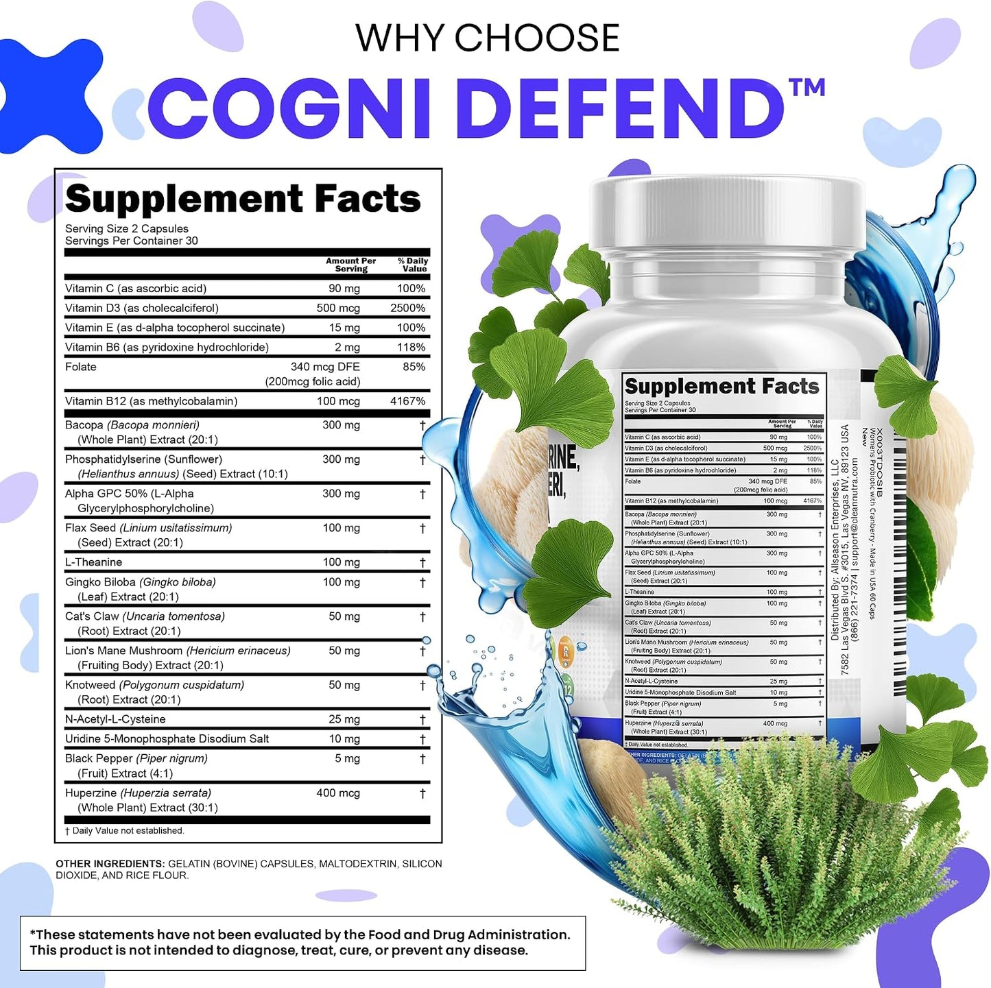 Brain Supplement Alpha GPC 300mg Phosphatidylserine Bacopa Monnieri Ginkgo Biloba Lions Mane Huperzine A L-Theanine NAC Nootropic Memory Focus Cognitive Support Vitamins B C D E 60 Capsules USA