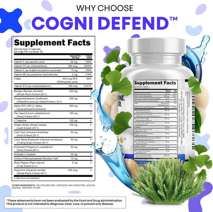 Brain Supplement Alpha GPC 300mg Phosphatidylserine Bacopa Monnieri Ginkgo Biloba Lions Mane Huperzine A L-Theanine NAC Nootropic Memory Focus Cognitive Support Vitamins B C D E 60 Capsules USA
