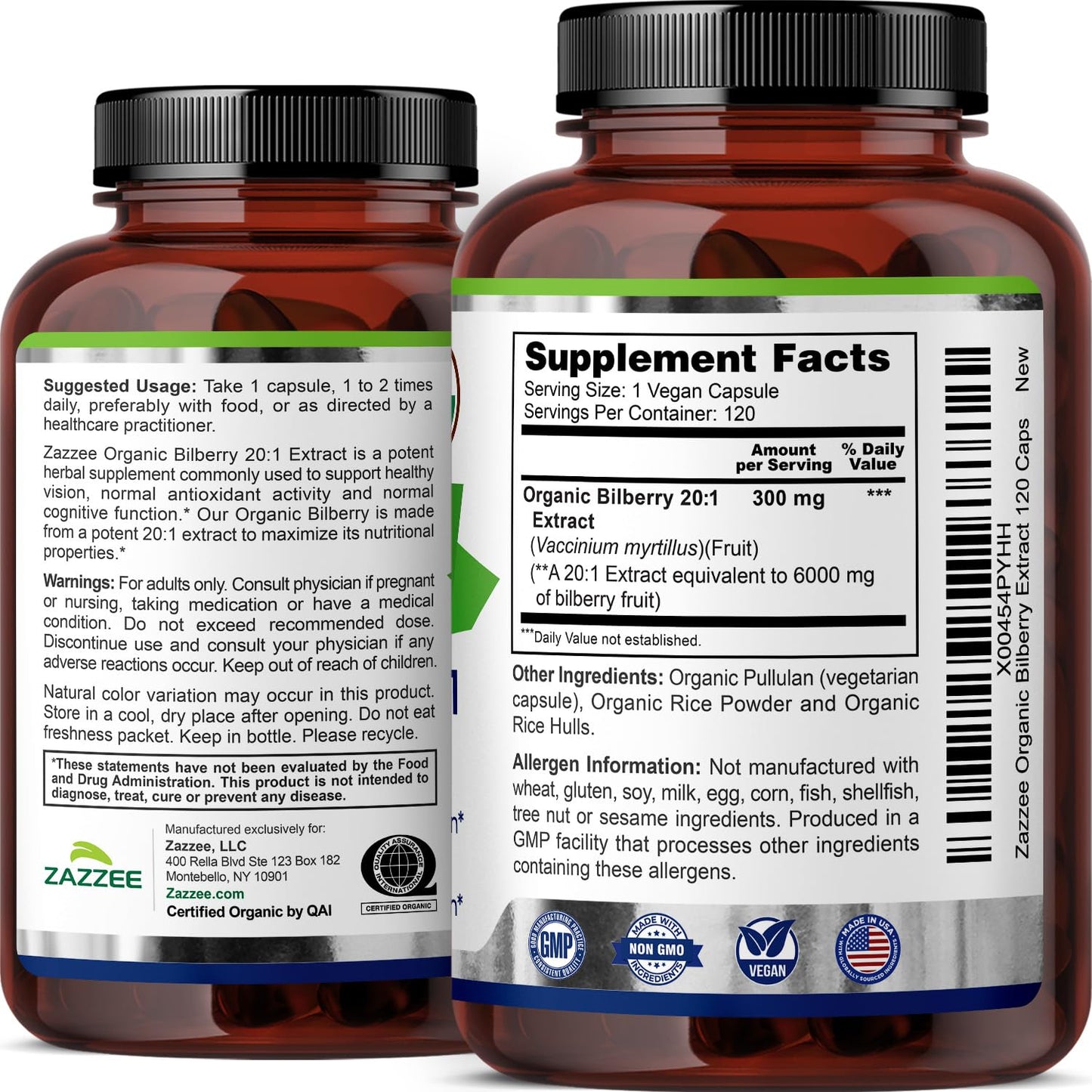 Zazzee USDA Organic Bilberry 20:1 Extract, 120 Vegan Capsules, 4 Month Supply, Vaccinium Myrtillus, Eye Health, Vision & Antioxidant Support, All-Natural, Non-GMO, Made in the USA