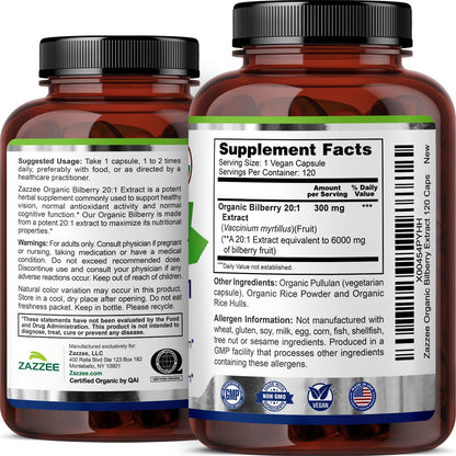 Zazzee USDA Organic Bilberry 20:1 Extract, 120 Vegan Capsules, 4 Month Supply, Vaccinium Myrtillus, Eye Health, Vision & Antioxidant Support, All-Natural, Non-GMO, Made in the USA