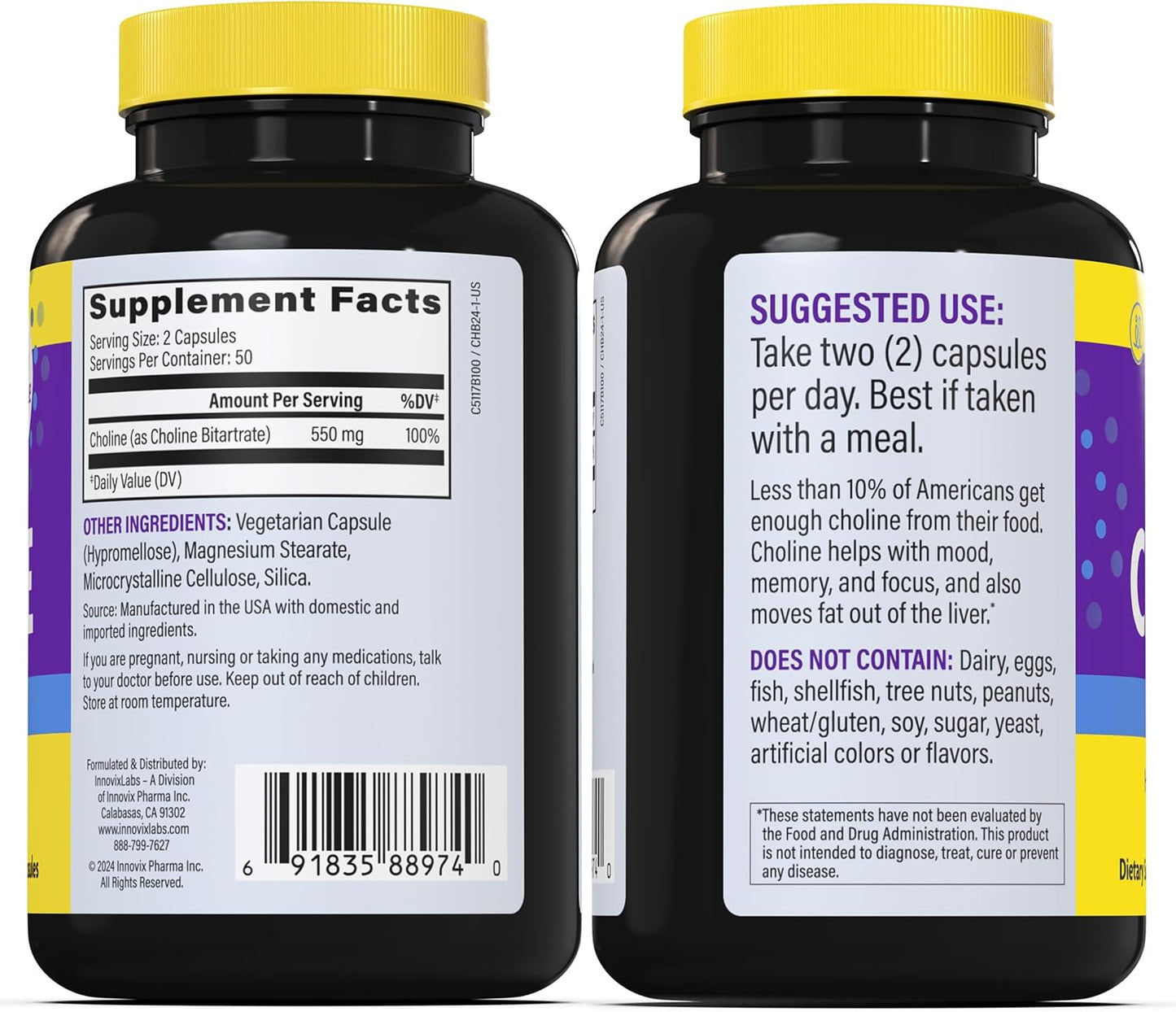 InnovixLabs Choline Supplement 550 mg, Pure Choline Bitartrate Brain Supplement for Memory and Focus, Supports Liver Function and Mental Clarity for Women and Men, Non-GMO, 50-Day Supply
