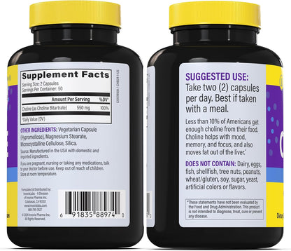 InnovixLabs Choline Supplement 550 mg, Pure Choline Bitartrate Brain Supplement for Memory and Focus, Supports Liver Function and Mental Clarity for Women and Men, Non-GMO, 50-Day Supply